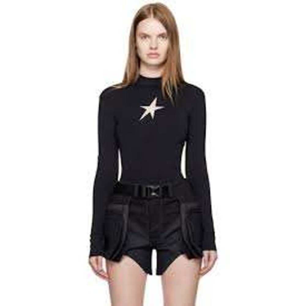 Mugler Black Thick Lycra Star Cutout Mock Neck Top  FR 36 NEW
